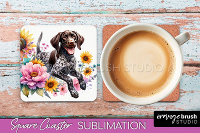 German Shorthaired Pointer Square Coaster - Dog Mom Floral Coaster Sublimation Sublimation OrangeBrushStudio 