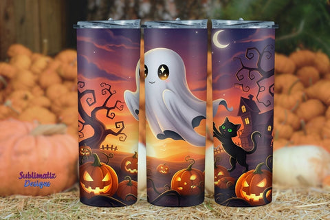 Ghost and Cat on Halloween Tumbler Wrap | Halloween Tumbler Wrap for Sublimation Sublimation Sublimatiz Designs 