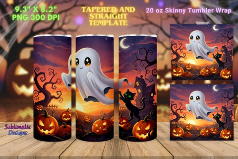 Ghost and Cat on Halloween Tumbler Wrap | Halloween Tumbler Wrap for Sublimation Sublimation Sublimatiz Designs 