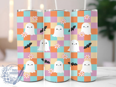 Ghost Bat Flower Glow 20oz Tumbler, Ghost Motif, Bat Accent, Flower Theme, Glow Effect, Halloween Charm, Skinny Tumbler, Sublimation PNG Sublimation ToriDesigns 