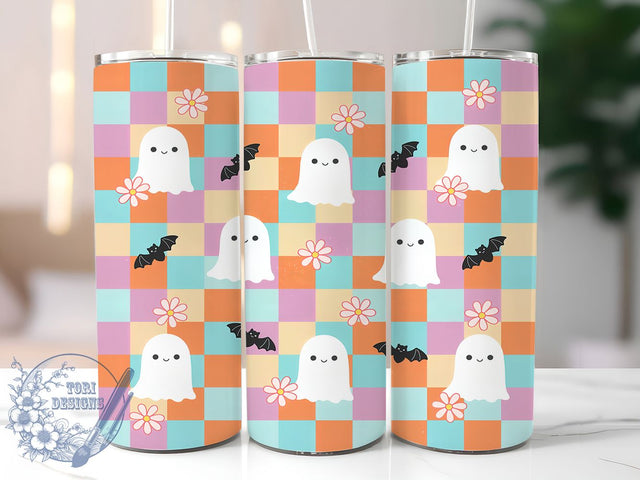 Ghost Bat Flower Glow 20oz Tumbler, Ghost Motif, Bat Accent, Flower Theme, Glow Effect, Halloween Charm, Skinny Tumbler, Sublimation PNG Sublimation ToriDesigns 