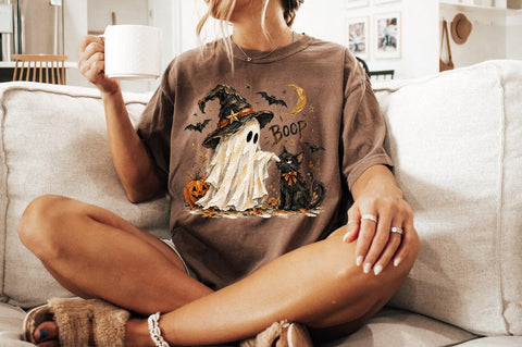 Ghost Booping Black Cat PNG, Witchy Halloween Shirt PNG Sublimation Pickled Thistle Creative 