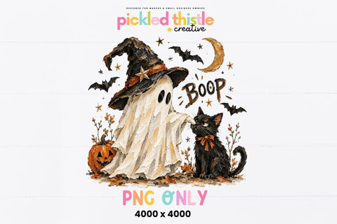Ghost Booping Black Cat PNG, Witchy Halloween Shirt PNG Sublimation Pickled Thistle Creative 