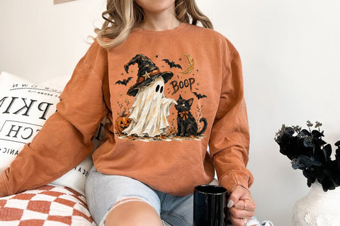 Ghost Booping Black Cat PNG, Witchy Halloween Shirt PNG Sublimation Pickled Thistle Creative 
