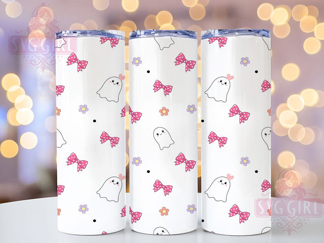 Ghost Bow Polka Glow 20oz Tumbler, Ghost Motif, Bow Accent, Polka Dot, Glow Effect, Halloween Charm, Skinny Tumbler, Sublimation PNG Sublimation SvggirlplusArt 