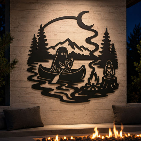 Ghost Camping Laser SVG, Spooky Lake Metal Art DXF, Halloween Campfire CNC File, Halloween Mountain Forest Plasma Cutting Design SVG HappyDesignStudio 