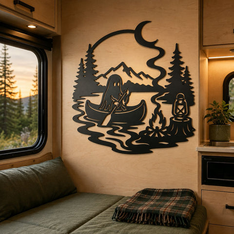 Ghost Camping Laser SVG, Spooky Lake Metal Art DXF, Halloween Campfire CNC File, Halloween Mountain Forest Plasma Cutting Design SVG HappyDesignStudio 