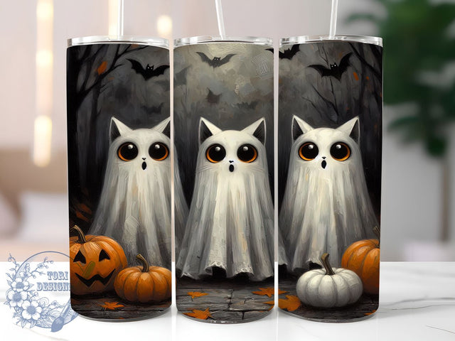 Ghost Cat Happy Halloween Tumbler, Ghost Cat Cup, Spooky Cat Wrap, 20Oz Sublimation Design, Cute Halloween Mug, Autumn Ghost Drinkware, Halloween Cat Tumbler Sublimation ToriDesigns 