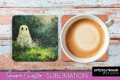 Ghost Coaster - Halloween Square Coaster Sublimation Design Sublimation OrangeBrushStudio 