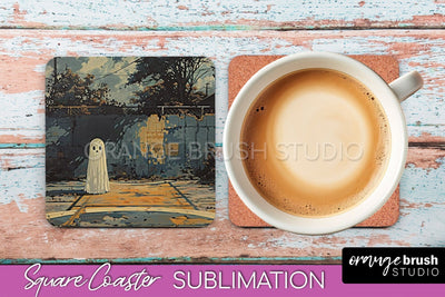 Ghost Coaster - Halloween Square Coaster Sublimation Design Sublimation OrangeBrushStudio 