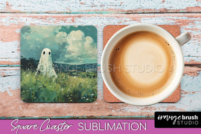 Ghost Coaster - Halloween Square Coaster Sublimation Design Sublimation OrangeBrushStudio 