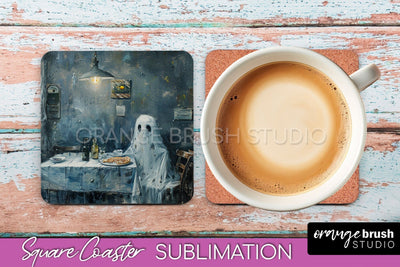 Ghost Coaster - Halloween Square Coaster Sublimation Design Sublimation OrangeBrushStudio 