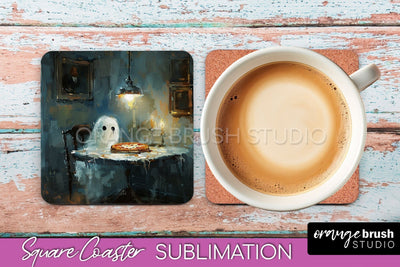 Ghost Coaster - Halloween Square Coaster Sublimation Design Sublimation OrangeBrushStudio 
