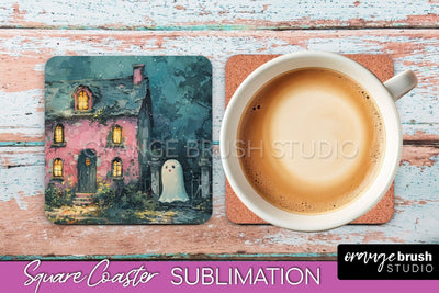 Ghost Coaster - Halloween Square Coaster Sublimation Design Sublimation OrangeBrushStudio 