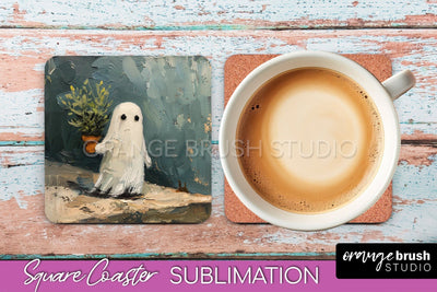 Ghost Coaster - Halloween Square Coaster Sublimation Design Sublimation OrangeBrushStudio 