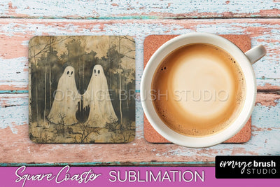 Ghost Coaster - Halloween Square Coaster Sublimation Design Sublimation OrangeBrushStudio 