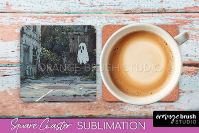 Ghost Coaster - Halloween Square Coaster Sublimation Design Sublimation OrangeBrushStudio 
