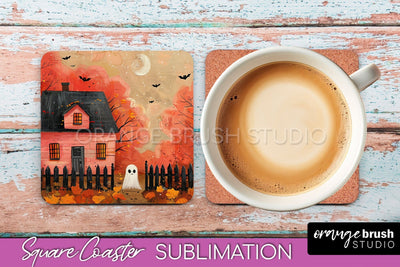 Ghost Coaster - Halloween Square Coaster Sublimation Design Sublimation OrangeBrushStudio 