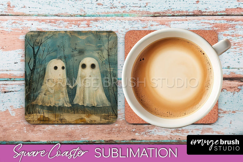 Ghost Coaster - Halloween Square Coaster Sublimation Design Sublimation OrangeBrushStudio 