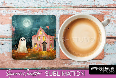 Ghost Coaster - Halloween Square Coaster Sublimation Design Sublimation OrangeBrushStudio 