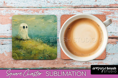 Ghost Coaster - Halloween Square Coaster Sublimation Design Sublimation OrangeBrushStudio 
