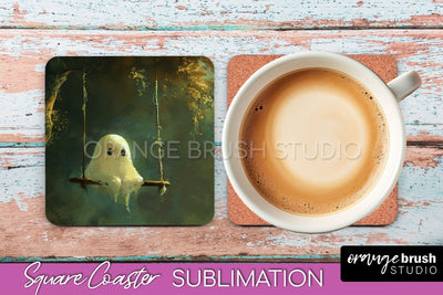 Ghost Coaster - Halloween Square Coaster Sublimation Design Sublimation OrangeBrushStudio 