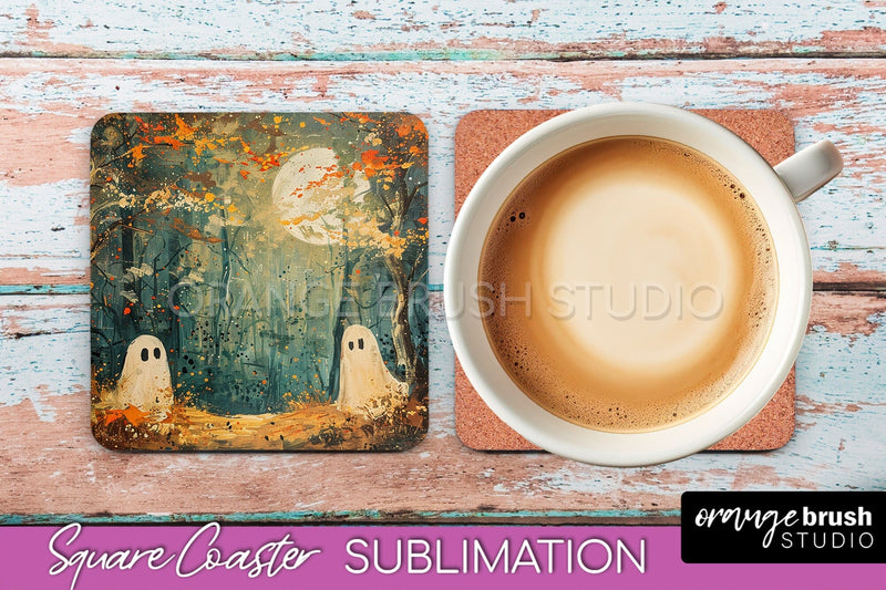 Ghost Coaster - Halloween Square Coaster Sublimation Design Sublimation OrangeBrushStudio 