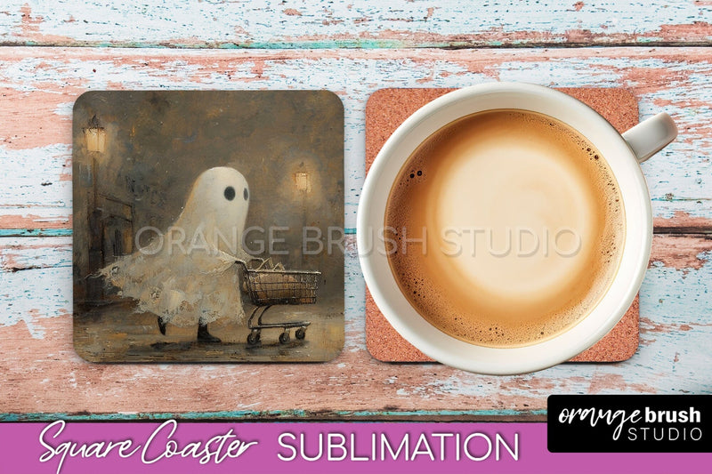 Ghost Coaster - Halloween Square Coaster Sublimation Design Sublimation OrangeBrushStudio 