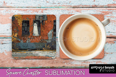 Ghost Coaster - Halloween Square Coaster Sublimation Design Sublimation OrangeBrushStudio 