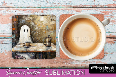 Ghost Coaster - Halloween Square Coaster Sublimation Design Sublimation OrangeBrushStudio 