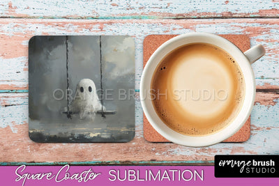 Ghost Coaster - Halloween Square Coaster Sublimation Design Sublimation OrangeBrushStudio 