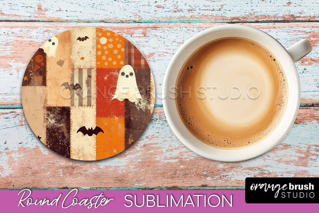 Ghost Coaster, Patchwork Halloween Round Coaster Sublimation Sublimation OrangeBrushStudio 