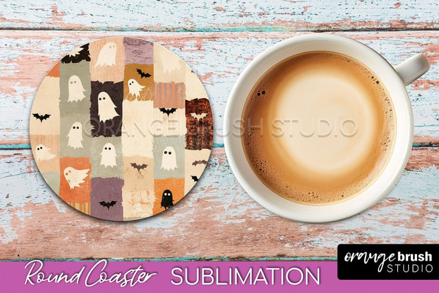Ghost Coaster, Patchwork Halloween Round Coaster Sublimation Sublimation OrangeBrushStudio 