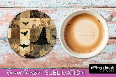 Ghost Coaster, Patchwork Halloween Round Coaster Sublimation Sublimation OrangeBrushStudio 
