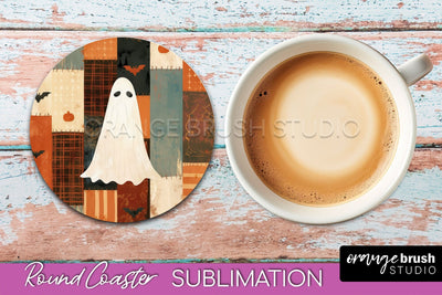 Ghost Coaster, Patchwork Halloween Round Coaster Sublimation Sublimation OrangeBrushStudio 