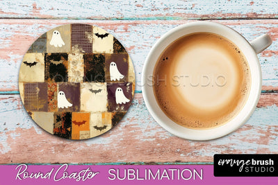 Ghost Coaster, Patchwork Halloween Round Coaster Sublimation Sublimation OrangeBrushStudio 