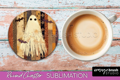 Ghost Coaster, Patchwork Halloween Round Coaster Sublimation Sublimation OrangeBrushStudio 