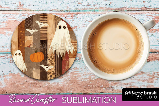 Ghost Coaster, Patchwork Halloween Round Coaster Sublimation Sublimation OrangeBrushStudio 