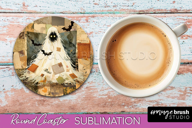 Ghost Coaster, Patchwork Halloween Round Coaster Sublimation Sublimation OrangeBrushStudio 