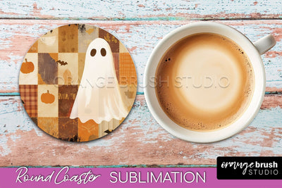 Ghost Coaster, Patchwork Halloween Round Coaster Sublimation Sublimation OrangeBrushStudio 