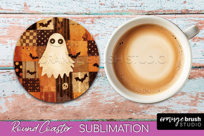Ghost Coaster, Patchwork Halloween Round Coaster Sublimation Sublimation OrangeBrushStudio 