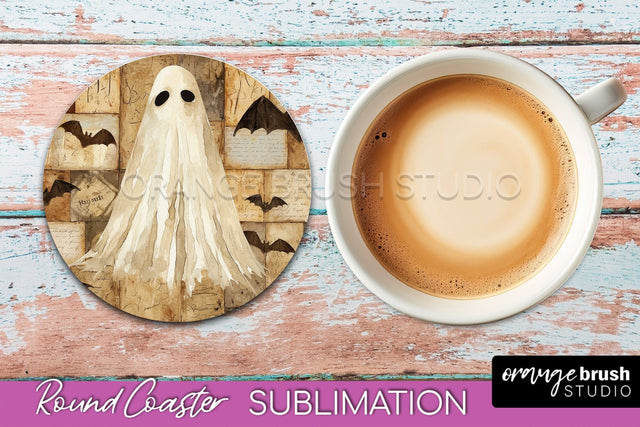 Ghost Coaster, Patchwork Halloween Round Coaster Sublimation Sublimation OrangeBrushStudio 