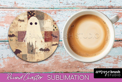 Ghost Coaster, Patchwork Halloween Round Coaster Sublimation Sublimation OrangeBrushStudio 