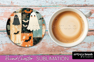 Ghost Coaster, Patchwork Halloween Round Coaster Sublimation Sublimation OrangeBrushStudio 