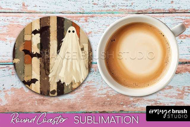 Ghost Coaster, Patchwork Halloween Round Coaster Sublimation Sublimation OrangeBrushStudio 