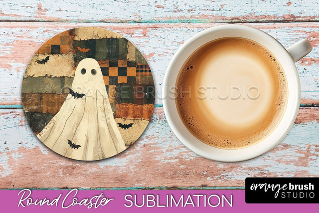 Ghost Coaster, Patchwork Halloween Round Coaster Sublimation Sublimation OrangeBrushStudio 