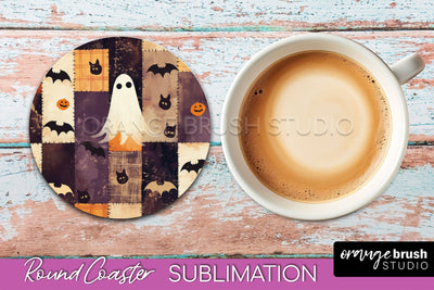 Ghost Coaster, Patchwork Halloween Round Coaster Sublimation Sublimation OrangeBrushStudio 