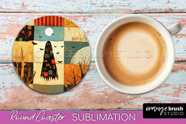 Ghost Coaster, Patchwork Halloween Round Coaster Sublimation Sublimation OrangeBrushStudio 