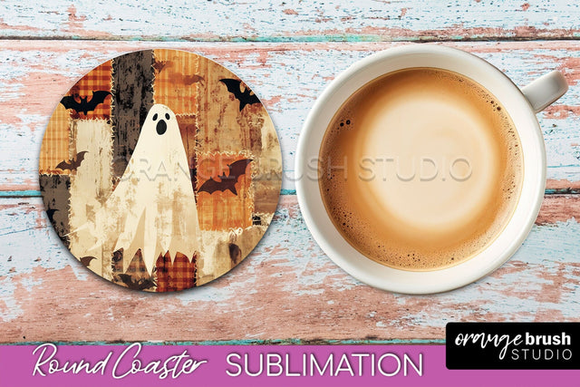 Ghost Coaster, Patchwork Halloween Round Coaster Sublimation Sublimation OrangeBrushStudio 
