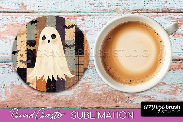 Ghost Coaster, Patchwork Halloween Round Coaster Sublimation Sublimation OrangeBrushStudio 